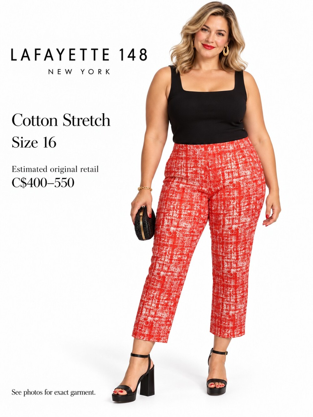 Lafayette 148 Cotton Stretch Crop Pants Red White 16 Quiet Luxury Xmas NYE Vamp